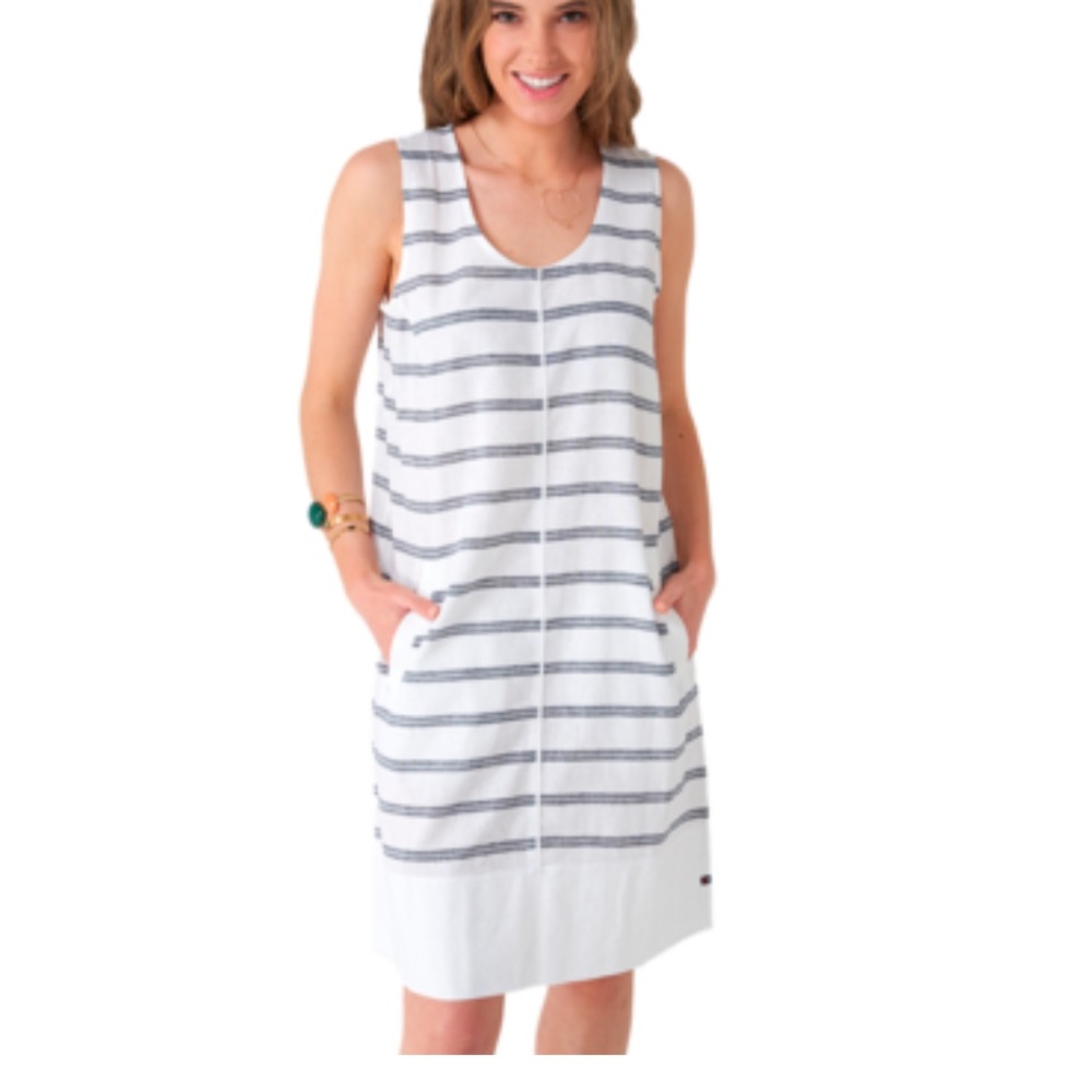 Vestido Batela Linen Cotton White Blue Stripe Pocket Shift‎ Dress Coastal S